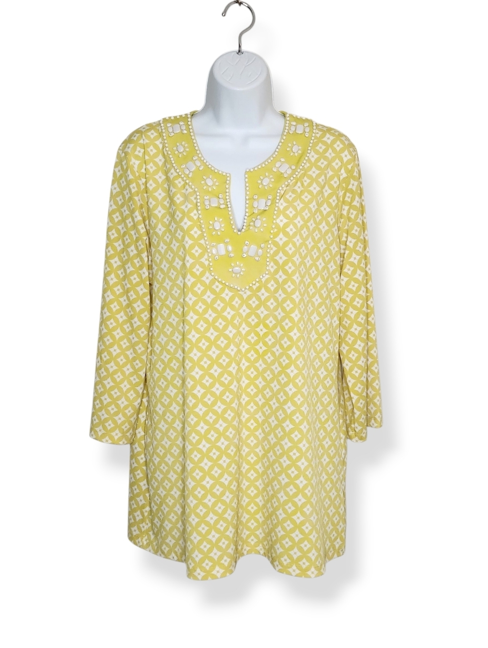 Island Republic Yellow White Patterned Beaded 3/4 Sleeve Tunic Top Size Large